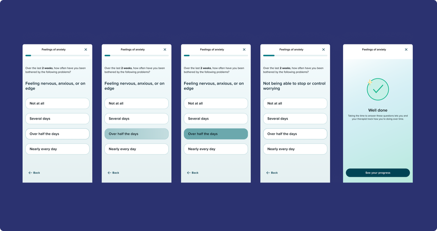 GAD-7 assessment flow — five screens showing the full questionnaire from first question through to the Well done completion screen